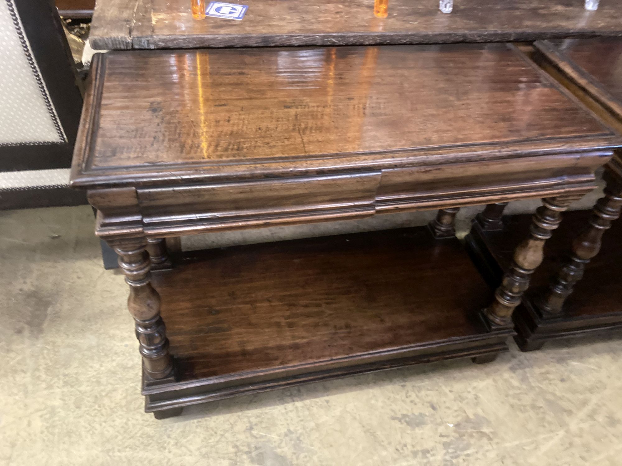 A pair of 17th century style rectangular oak two tier two drawer side tables, width 99cm, depth 46cm, height 76cm